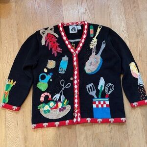 Storybook Knits X HSN Kitchen Cooking Food Chef Beaded Heavy Cardigan 1X Rare